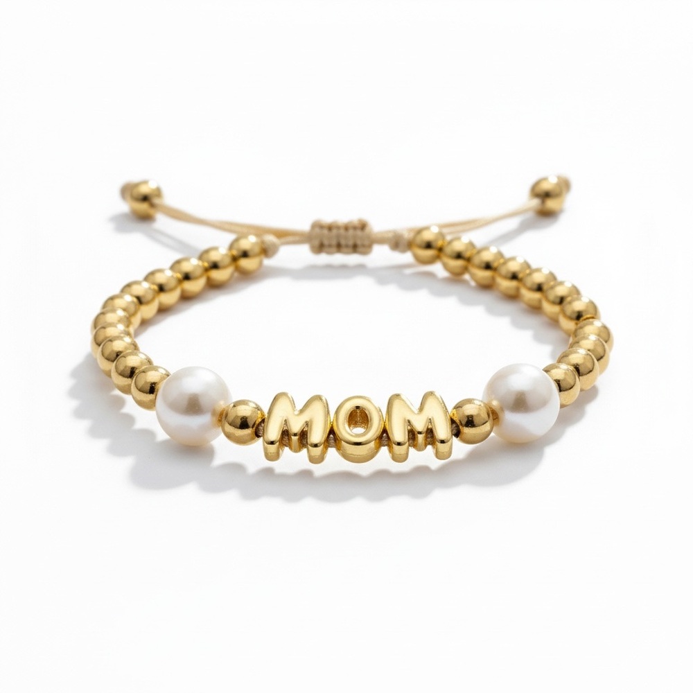 Gold 'MOM' Beaded Bracelet with Pearl Accents